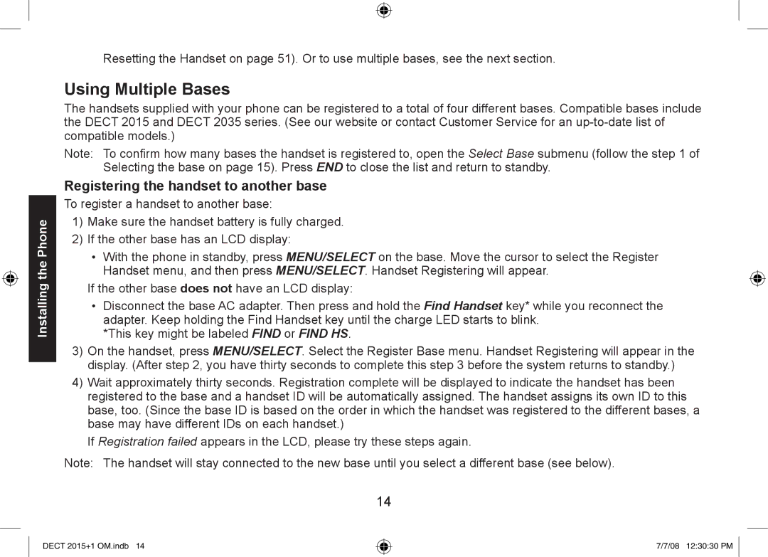 Uniden DECT2015+1, DECT2015+2 manual Using Multiple Bases, Registering the handset to another base 
