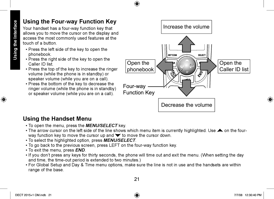 Uniden DECT2015+2, DECT2015+1 manual Using the Four-way Function Key, Using the Handset Menu 