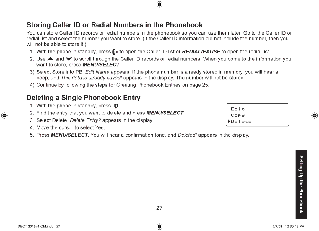 Uniden DECT2015+2, DECT2015+1 manual Storing Caller ID or Redial Numbers in the Phonebook, Deleting a Single Phonebook Entry 