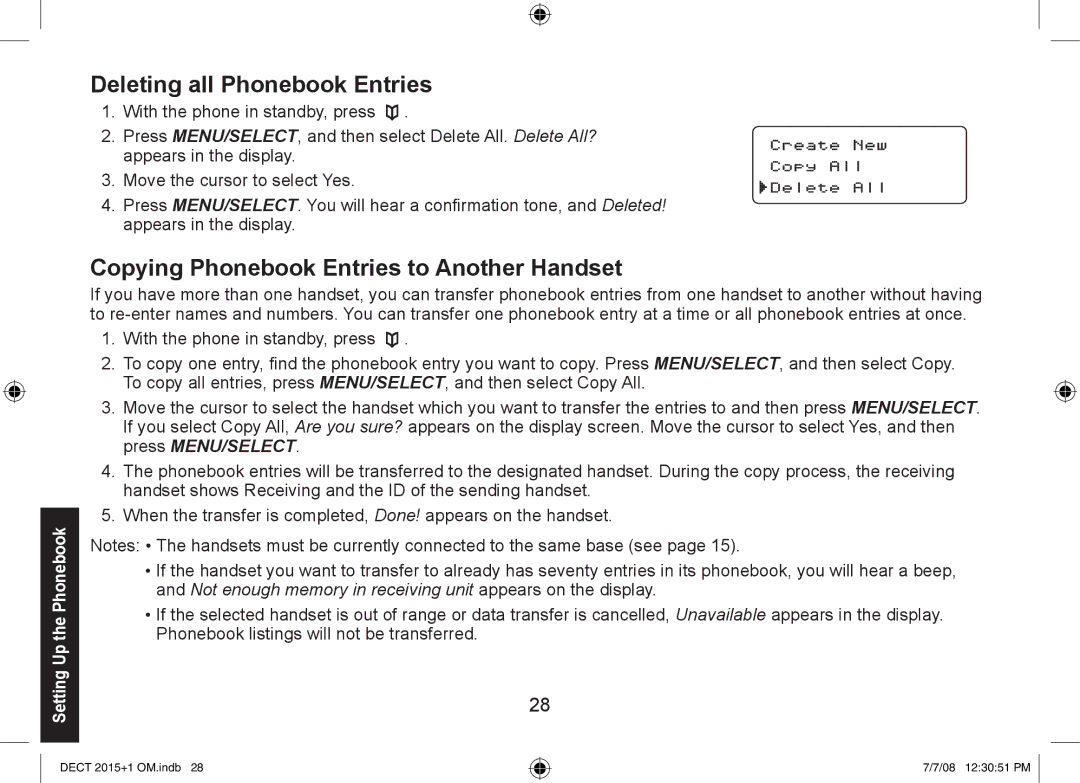 Uniden DECT2015+1, DECT2015+2 manual Deleting all Phonebook Entries, Copying Phonebook Entries to Another Handset 