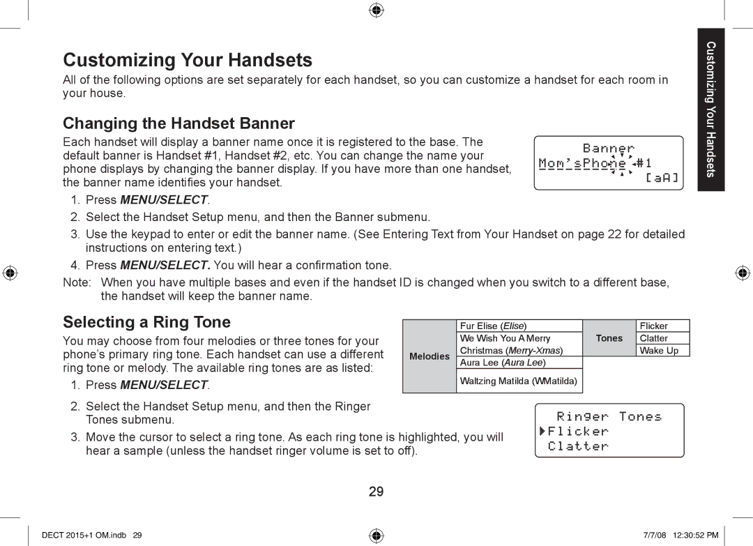 Uniden DECT2015+2, DECT2015+1 manual Customizing Your Handsets, Changing the Handset Banner, Selecting a Ring Tone 