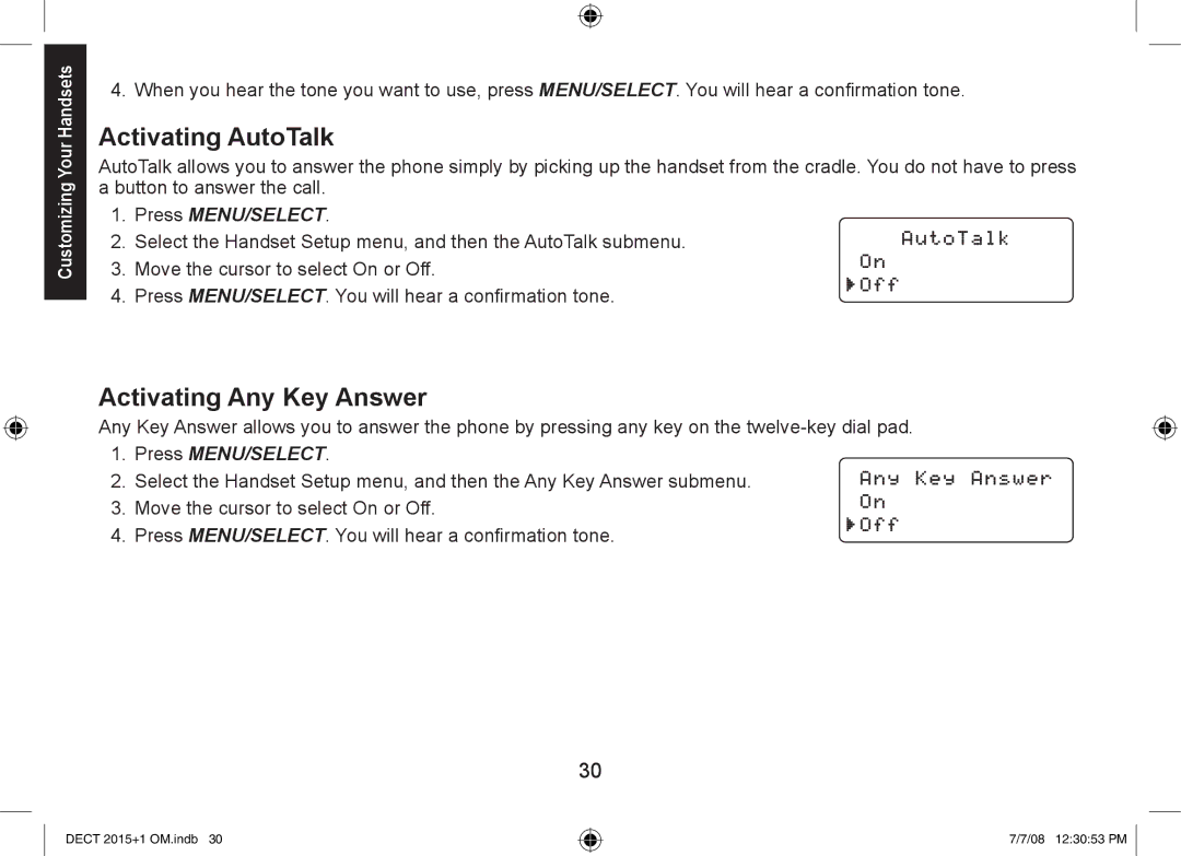 Uniden DECT2015+1, DECT2015+2 manual Activating AutoTalk, Activating Any Key Answer 