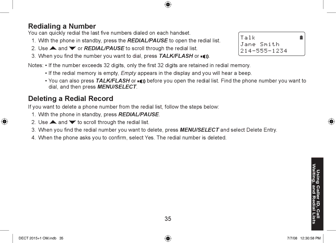 Uniden DECT2015+2, DECT2015+1 manual Redialing a Number, Deleting a Redial Record 