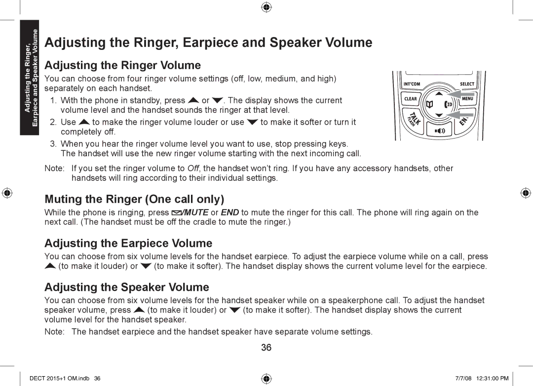 Uniden DECT2015+1, DECT2015+2 manual Adjusting the Ringer, Earpiece and Speaker Volume, Adjusting the Ringer Volume 