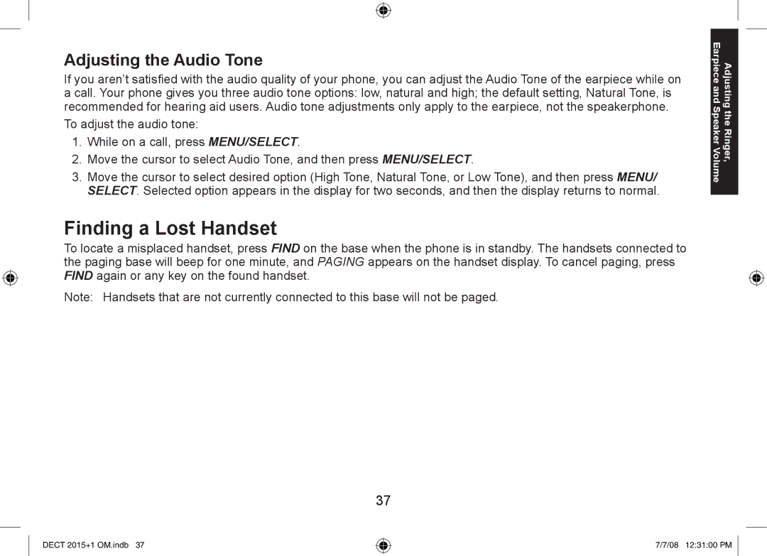 Uniden DECT2015+2, DECT2015+1 manual Finding a Lost Handset, Adjusting the Audio Tone 