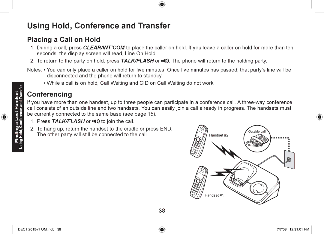 Uniden DECT2015+1, DECT2015+2 manual Using Hold, Conference and Transfer, Placing a Call on Hold, Conferencing 