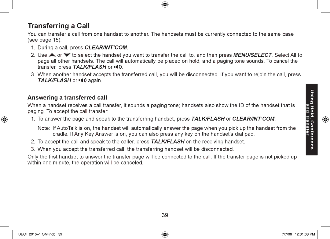 Uniden DECT2015+2, DECT2015+1 manual Transferring a Call, Answering a transferred call 