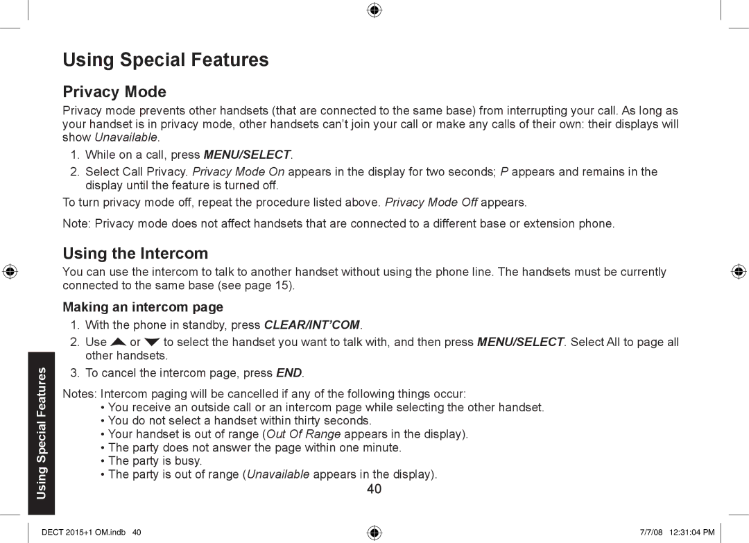 Uniden DECT2015+1, DECT2015+2 manual Using Special Features, Privacy Mode, Using the Intercom, Making an intercom 