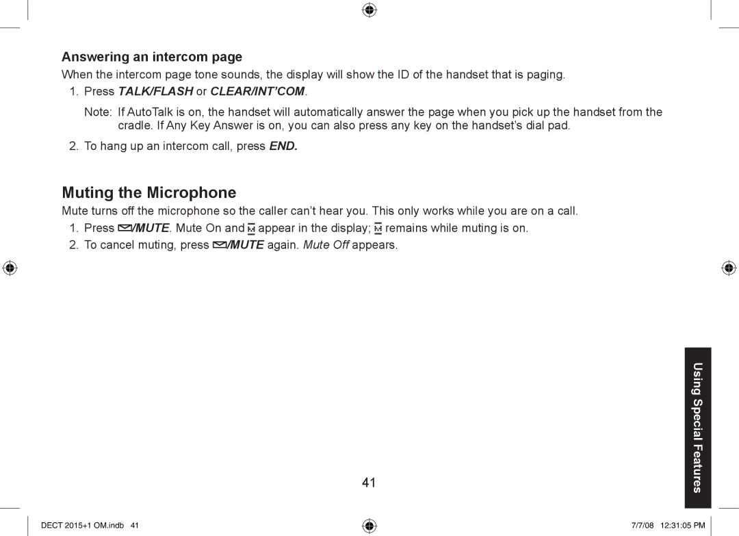 Uniden DECT2015+2, DECT2015+1 manual Muting the Microphone, Answering an intercom 