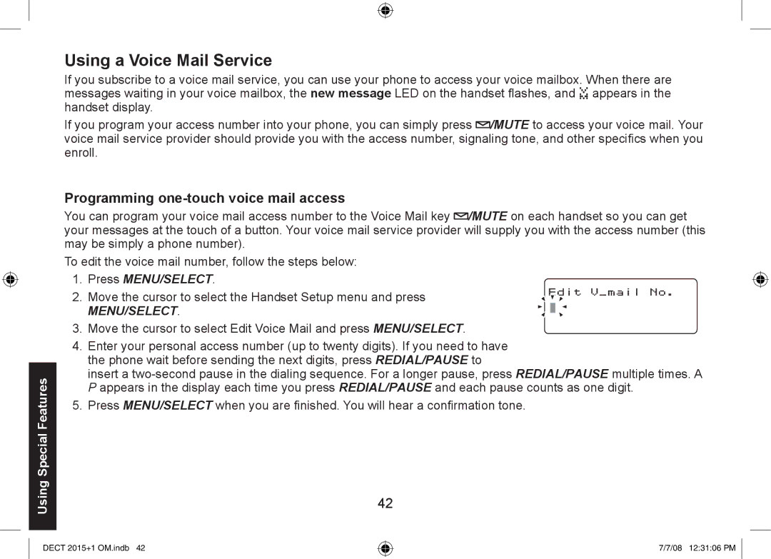 Uniden DECT2015+1, DECT2015+2 manual Using a Voice Mail Service, Programming one-touch voice mail access 