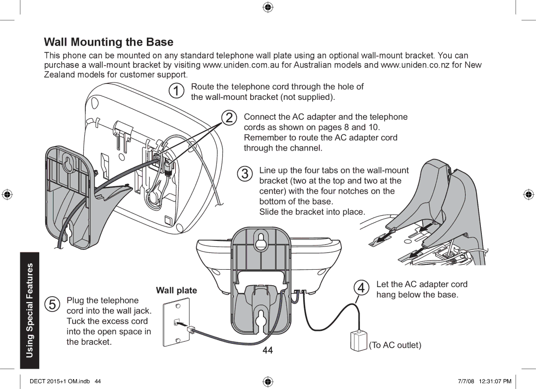 Uniden DECT2015+1, DECT2015+2 manual Wall Mounting the Base, Wall plate 