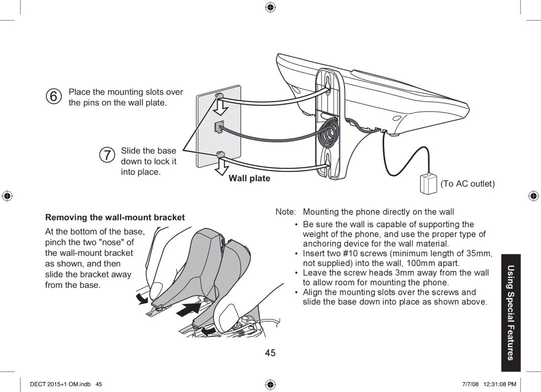 Uniden DECT2015+2, DECT2015+1 manual Removing the wall-mount bracket, Wall plate To AC outlet 