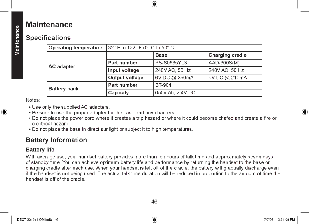 Uniden DECT2015+1, DECT2015+2 manual Maintenance, Specifications, Battery Information, Battery life 