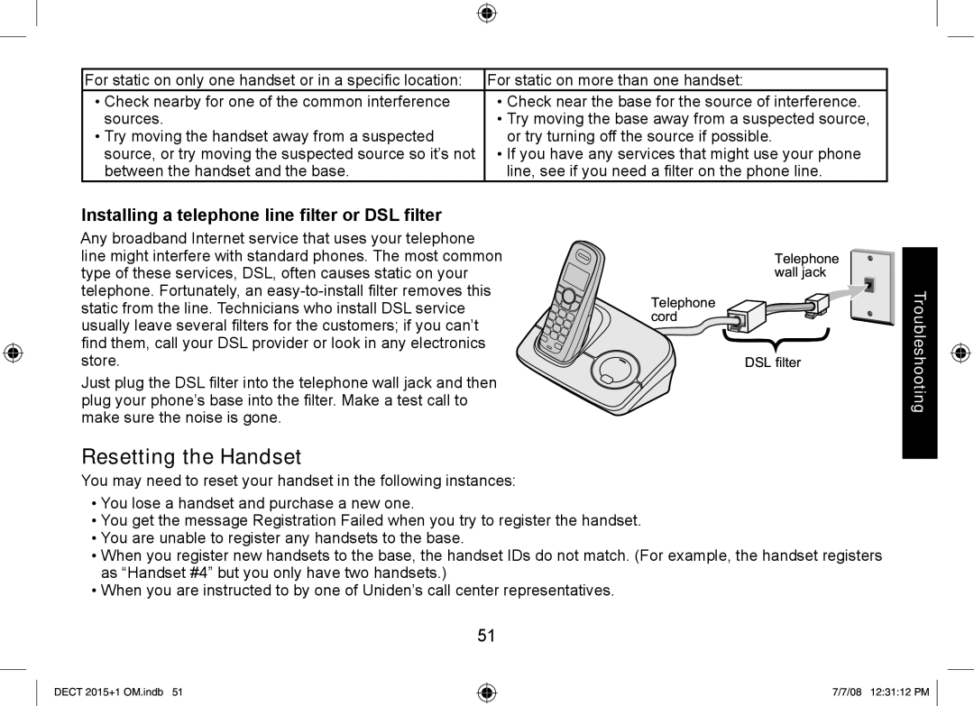 Uniden DECT2015+2, DECT2015+1 manual Resetting the Handset, Installing a telephone line filter or DSL filter 