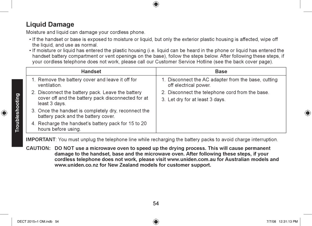 Uniden DECT2015+1, DECT2015+2 manual Liquid Damage, Handset Base 