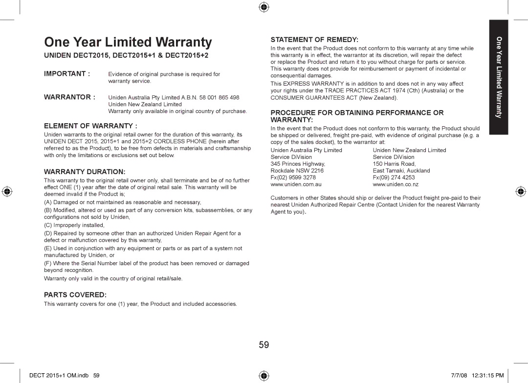 Uniden manual One Year Limited Warranty, Uniden DECT2015, DECT2015+1 & DECT2015+2 