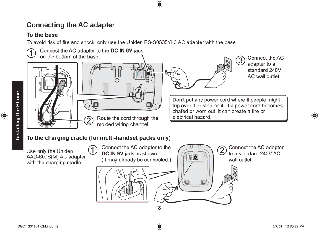 Uniden DECT2015+1, DECT2015+2 Connecting the AC adapter, To the base, To the charging cradle for multi-handset packs only 