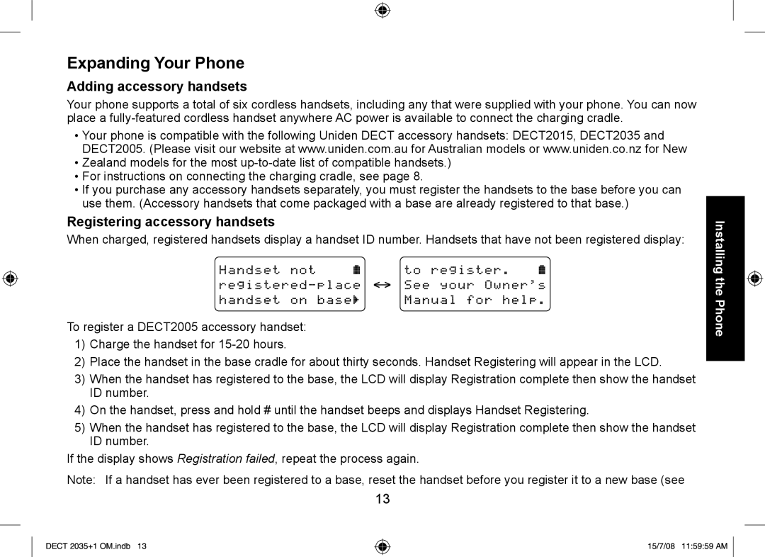 Uniden DECT2035+1, DECT2035+2 manual Expanding Your Phone, Adding accessory handsets, Registering accessory handsets 