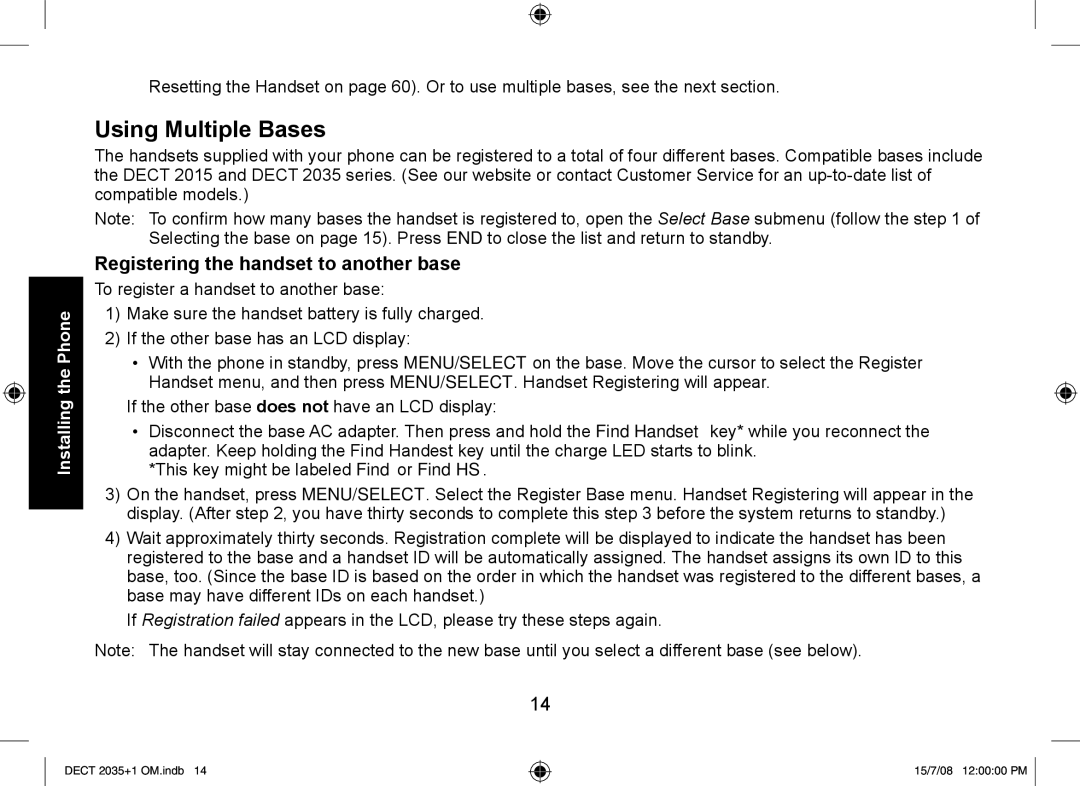 Uniden DECT2035+2, DECT2035+1 manual Using Multiple Bases, Registering the handset to another base 