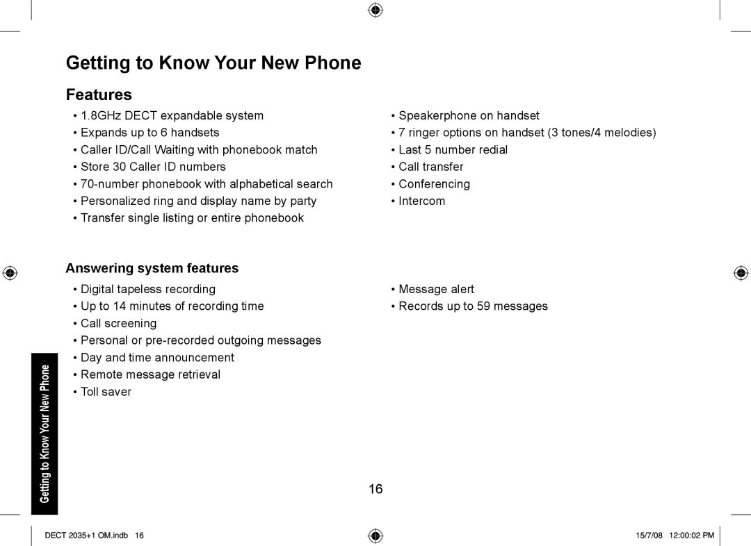 Uniden DECT2035+1, DECT2035+2 manual Getting to Know Your New Phone, Features, Answering system features 