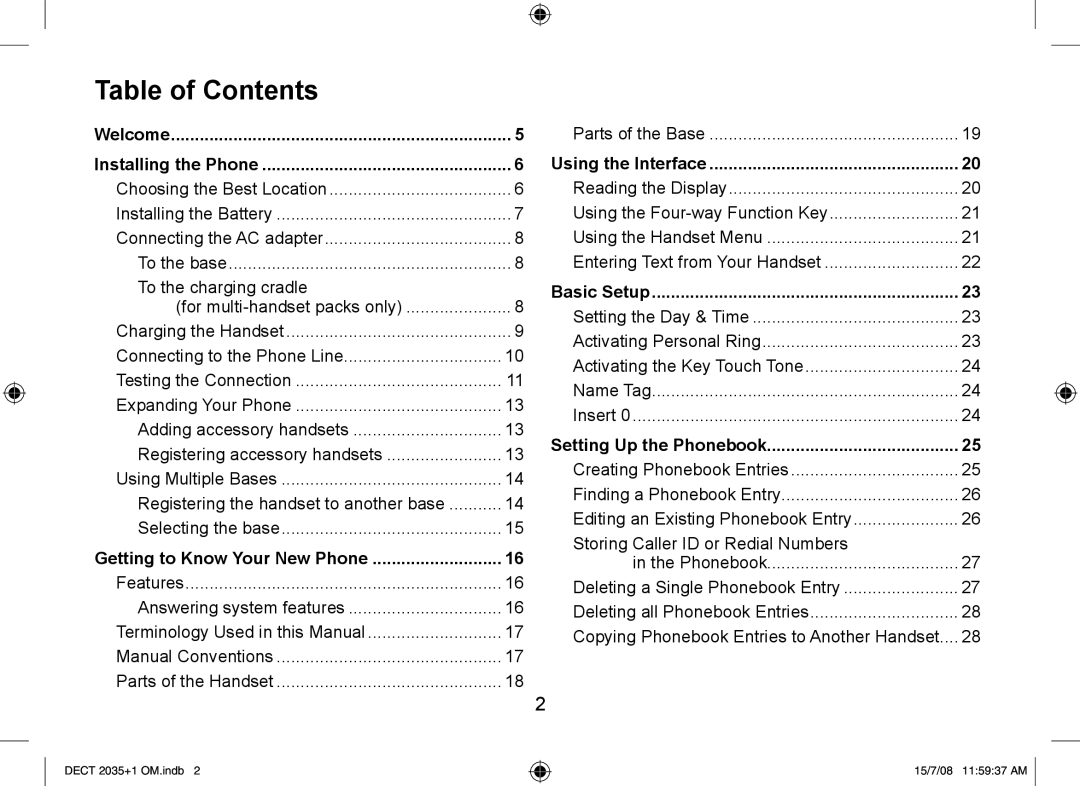 Uniden DECT2035+2, DECT2035+1 manual Table of Contents 