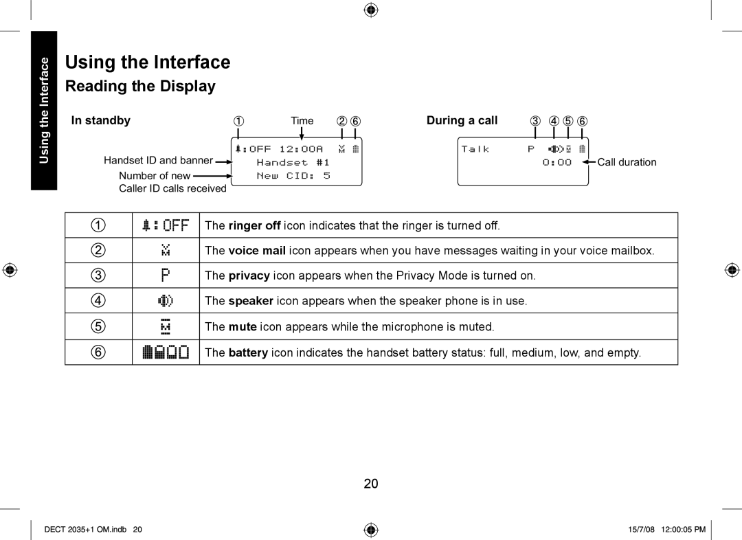 Uniden DECT2035+2, DECT2035+1 manual Using the Interface, Reading the Display, Standby, During a call 