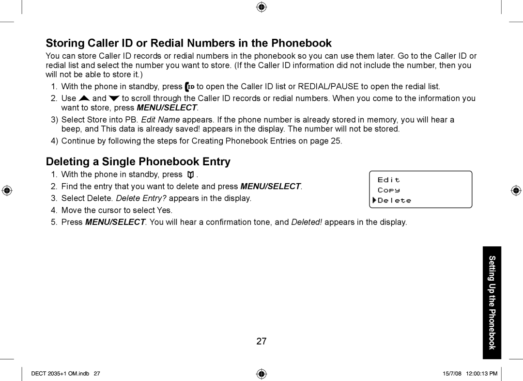 Uniden DECT2035+1, DECT2035+2 manual Storing Caller ID or Redial Numbers in the Phonebook, Deleting a Single Phonebook Entry 