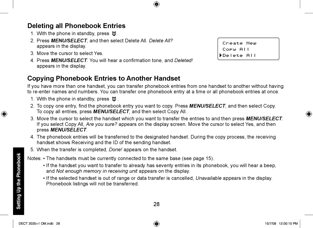 Uniden DECT2035+1, DECT2035+2 manual Deleting all Phonebook Entries, Copying Phonebook Entries to Another Handset 