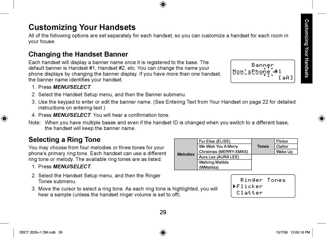 Uniden DECT2035+2, DECT2035+1 manual Customizing Your Handsets, Changing the Handset Banner, Selecting a Ring Tone 
