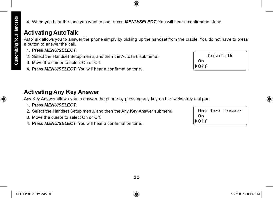 Uniden DECT2035+1, DECT2035+2 manual Activating AutoTalk, Activating Any Key Answer 