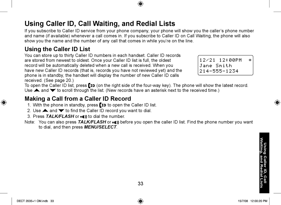 Uniden DECT2035+1, DECT2035+2 manual Using Caller ID, Call Waiting, and Redial Lists, Using the Caller ID List 