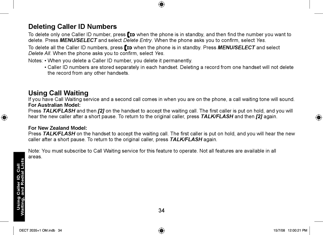 Uniden DECT2035+1 manual Deleting Caller ID Numbers, Using Call Waiting, For Australian Model, For New Zealand Model 