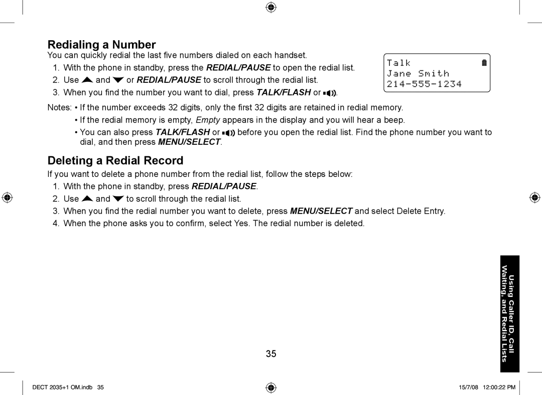 Uniden DECT2035+2, DECT2035+1 manual Redialing a Number, Deleting a Redial Record 