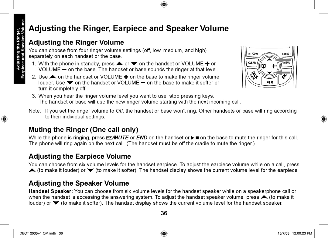 Uniden DECT2035+1, DECT2035+2 manual Adjusting the Ringer, Earpiece and Speaker Volume, Adjusting the Ringer Volume 