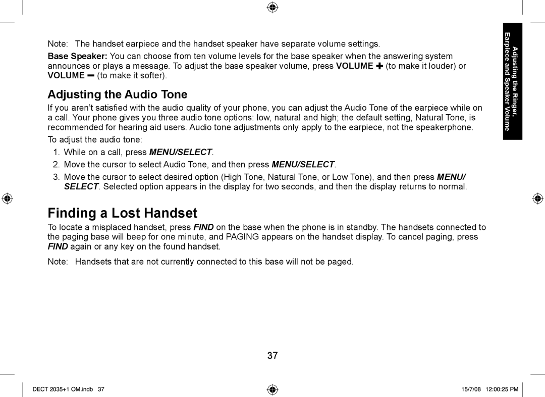 Uniden DECT2035+1, DECT2035+2 manual Finding a Lost Handset, Adjusting the Audio Tone 