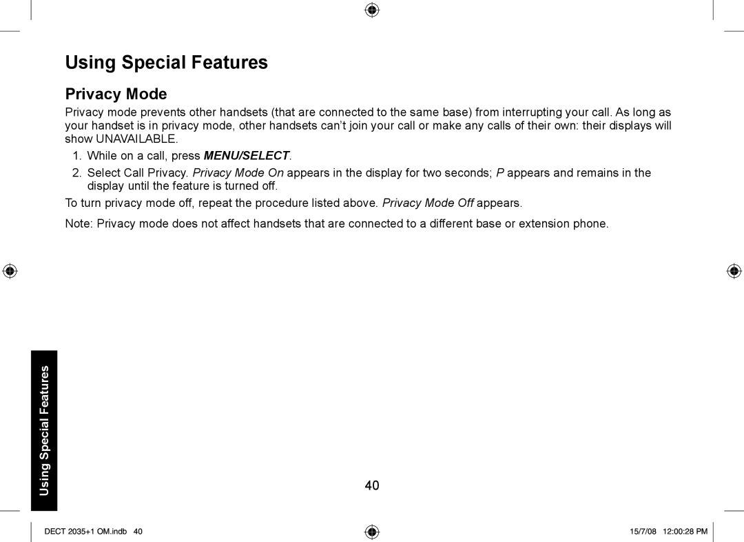 Uniden DECT2035+1, DECT2035+2 manual Using Special Features, Privacy Mode 