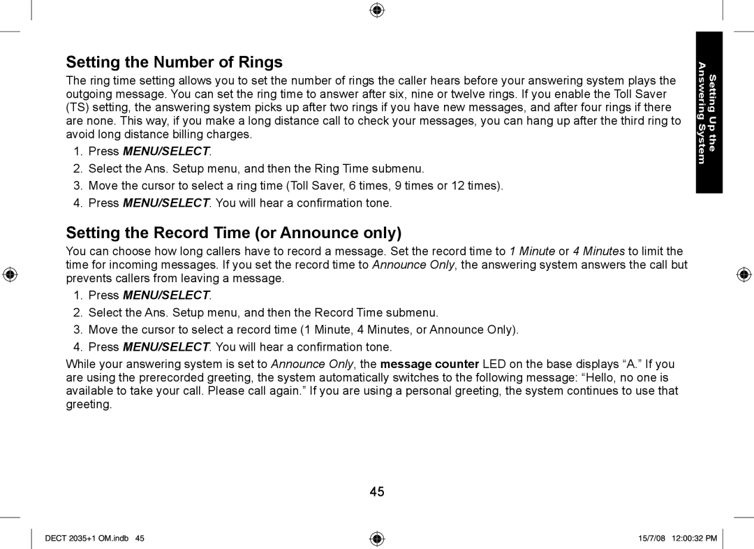 Uniden DECT2035+1, DECT2035+2 manual Setting the Number of Rings, Setting the Record Time or Announce only 