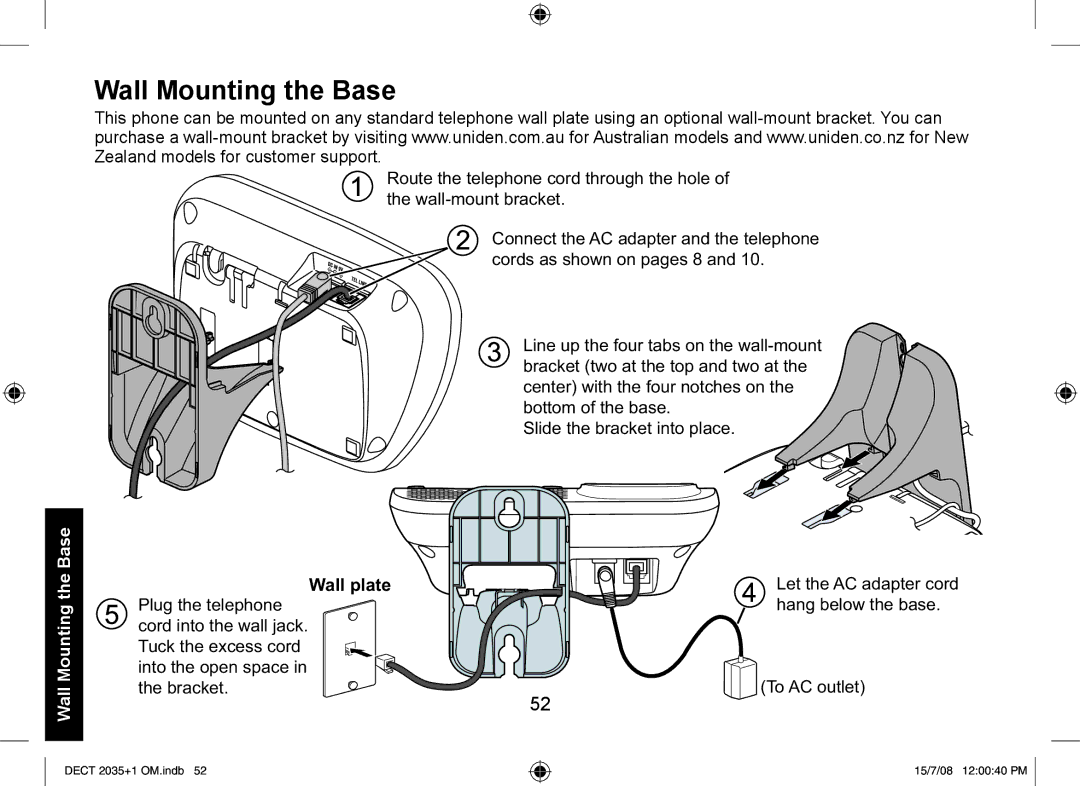 Uniden DECT2035+1, DECT2035+2 manual Wall Mounting the Base, Wall plate 