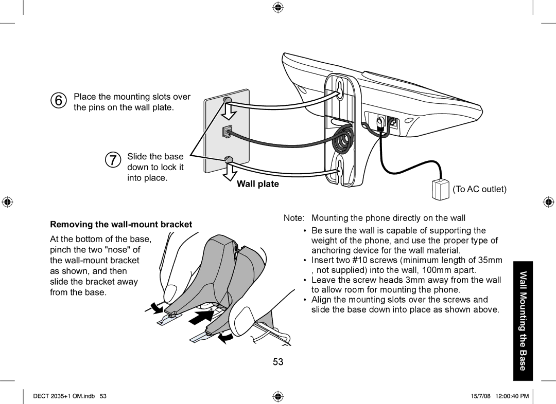 Uniden DECT2035+2, DECT2035+1 manual Removing the wall-mount bracket 