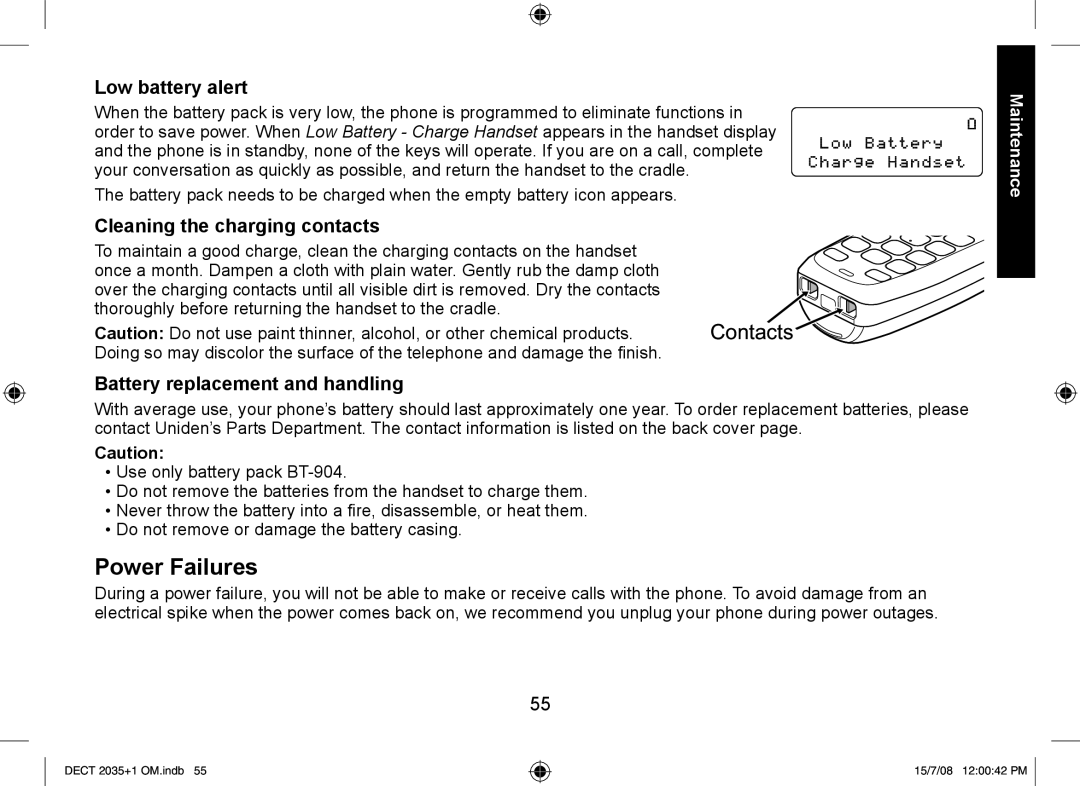 Uniden DECT2035 manual Power Failures, Low battery alert, Cleaning the charging contacts, Battery replacement and handling 