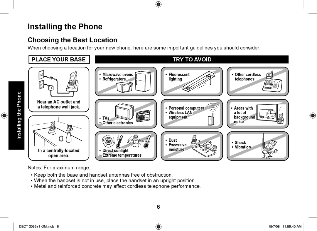 Uniden DECT2035+1, DECT2035+2 manual Installing the Phone, Choosing the Best Location 