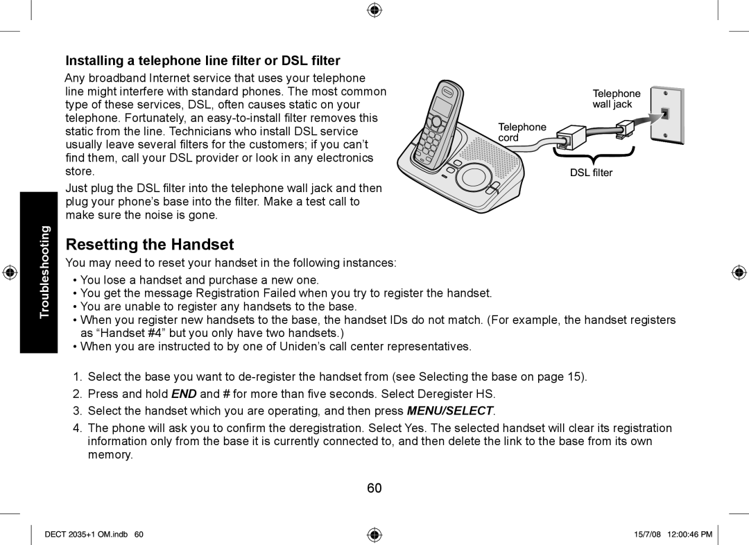 Uniden DECT2035+1, DECT2035+2 manual Resetting the Handset, Installing a telephone line ﬁlter or DSL ﬁlter 