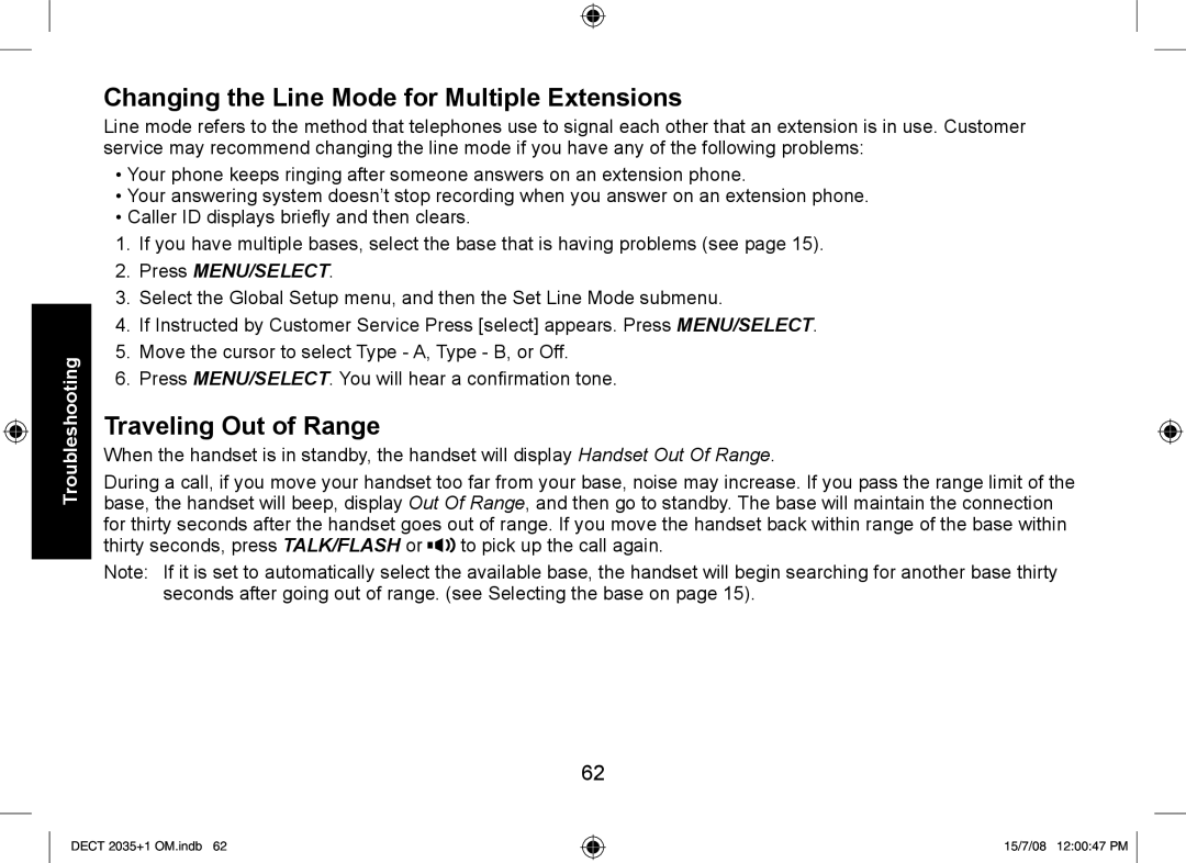 Uniden DECT2035+2, DECT2035+1 manual Changing the Line Mode for Multiple Extensions, Traveling Out of Range 