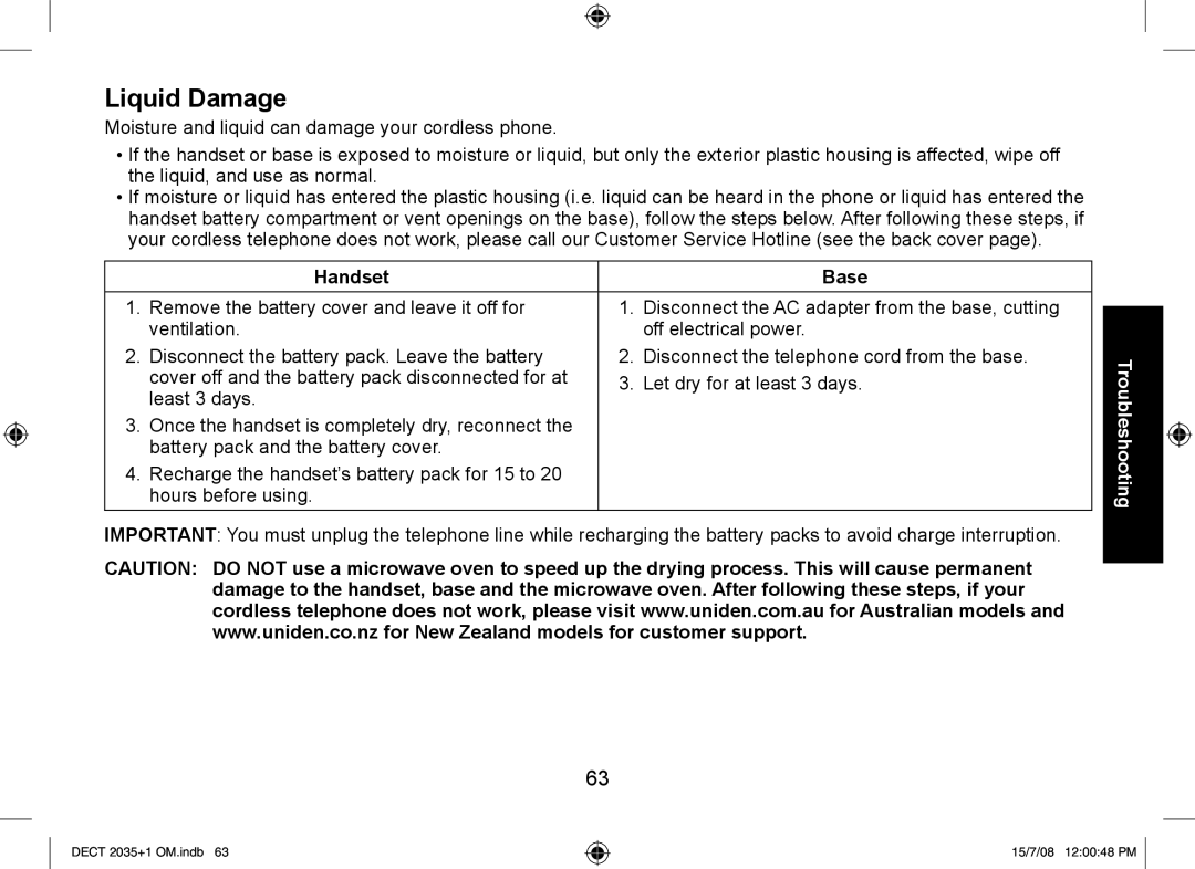 Uniden DECT2035+1, DECT2035+2 manual Liquid Damage, Handset Base 