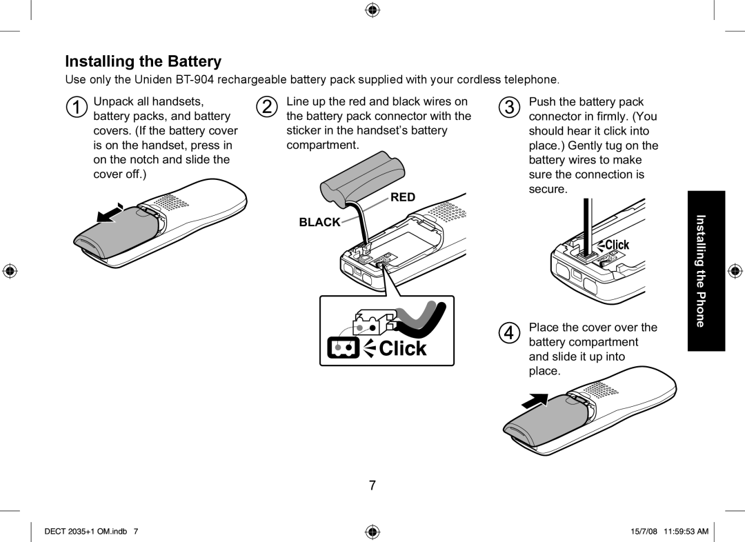 Uniden DECT2035+1, DECT2035+2 manual Installing the Battery, RED Black 