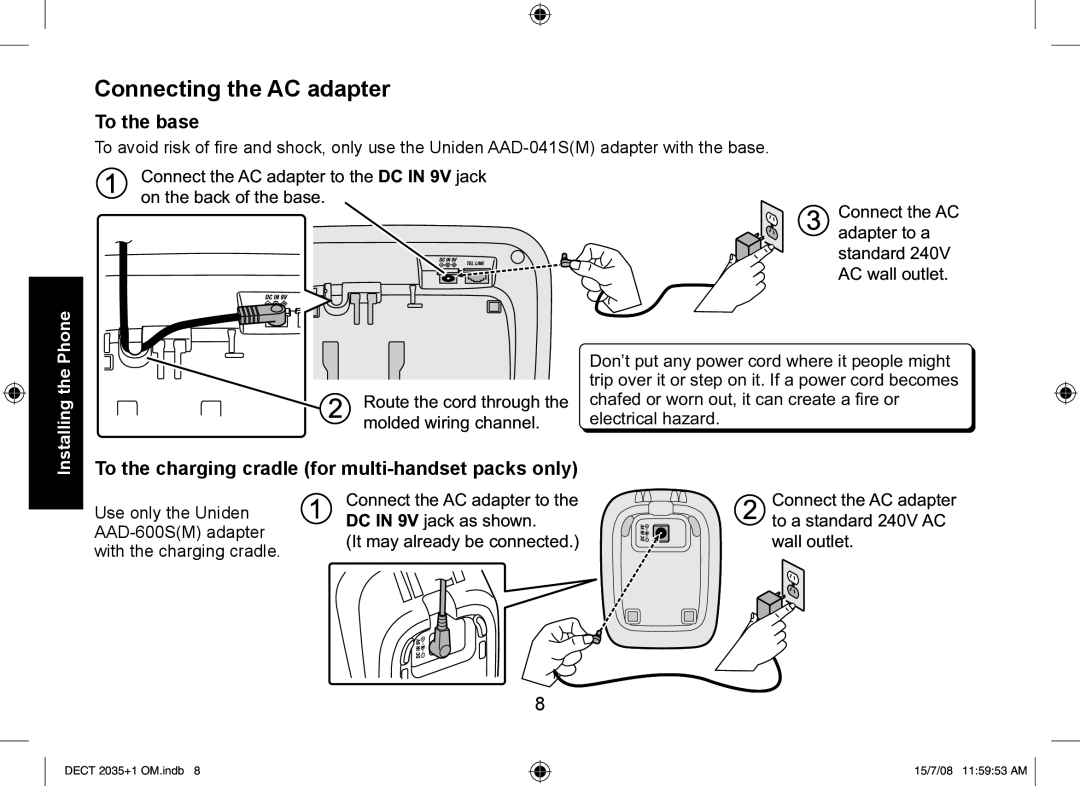 Uniden DECT2035+2, DECT2035+1 Connecting the AC adapter, To the base, To the charging cradle for multi-handset packs only 