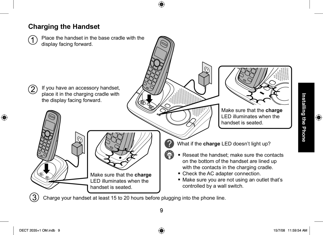 Uniden DECT2035+1, DECT2035+2 manual Charging the Handset 