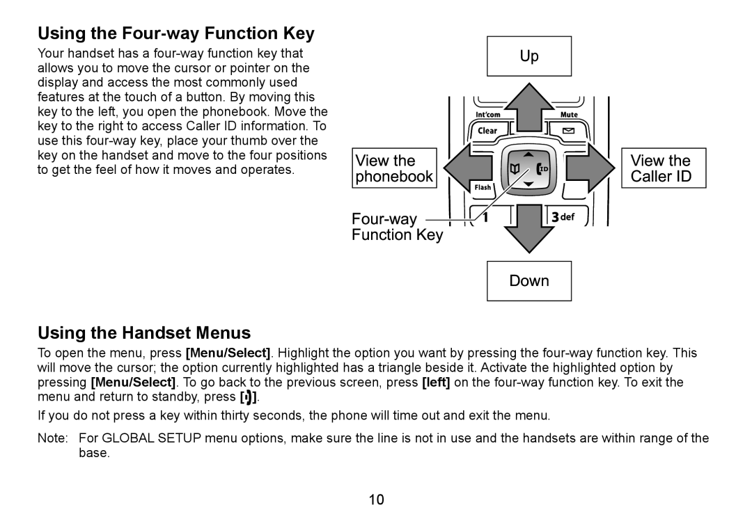 Uniden DECT2060 manual Using the Four-way Function Key, Using the Handset Menus 