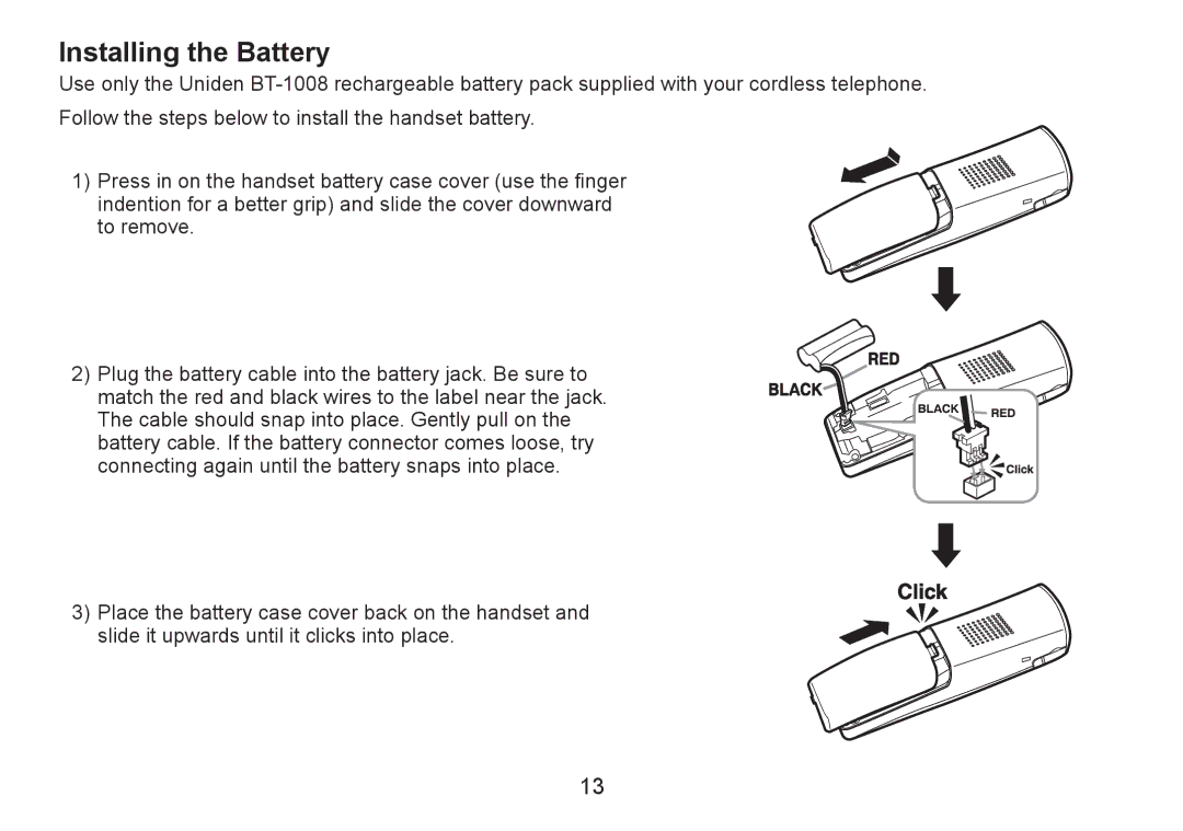 Uniden DECT2060 manual Installing the Battery 