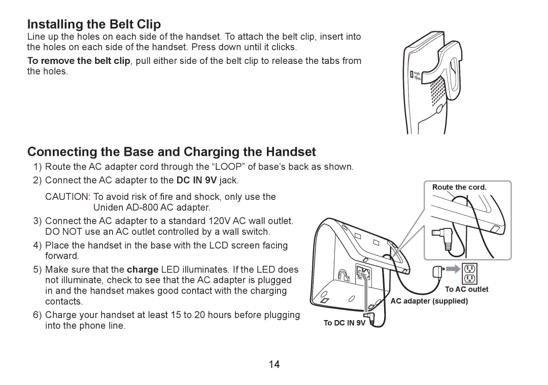 Uniden DECT2060 manual Installing the Belt Clip, Connecting the Base and Charging the Handset 